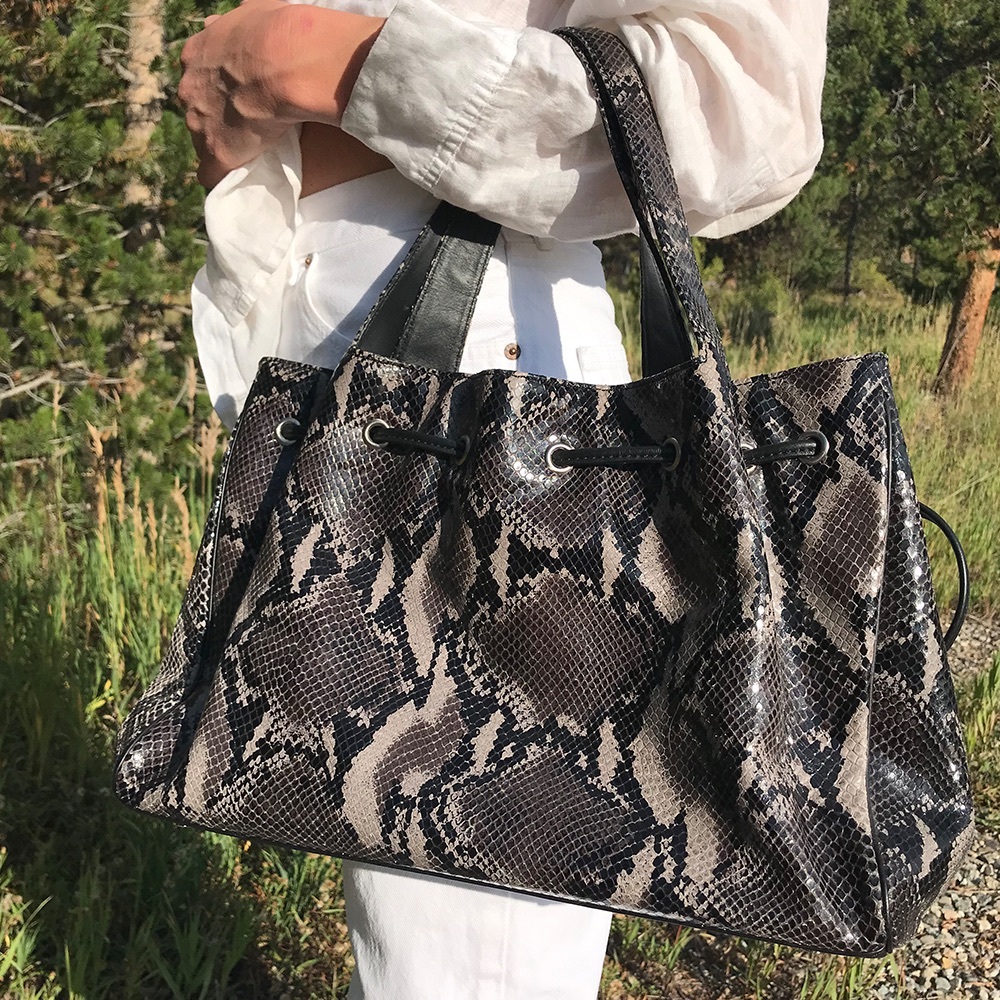 Donald J Pliner Drawstring Snakeskin Print Handbag